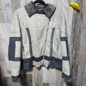 Montanaco Tan and Grey Faux Fur Vegan Suede Moto Coat Jacket